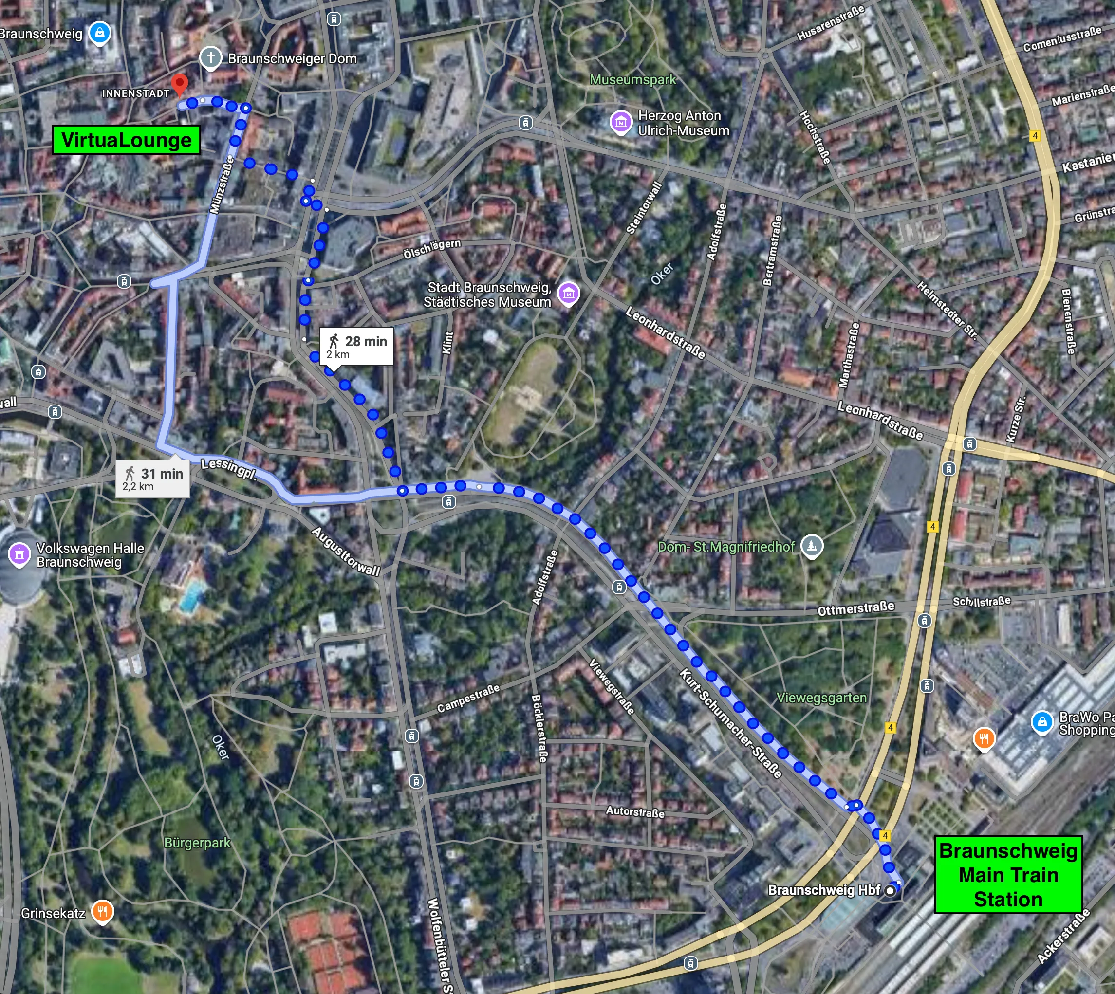 How to get to VirtuaLounge from Braunschweig Main Train Station