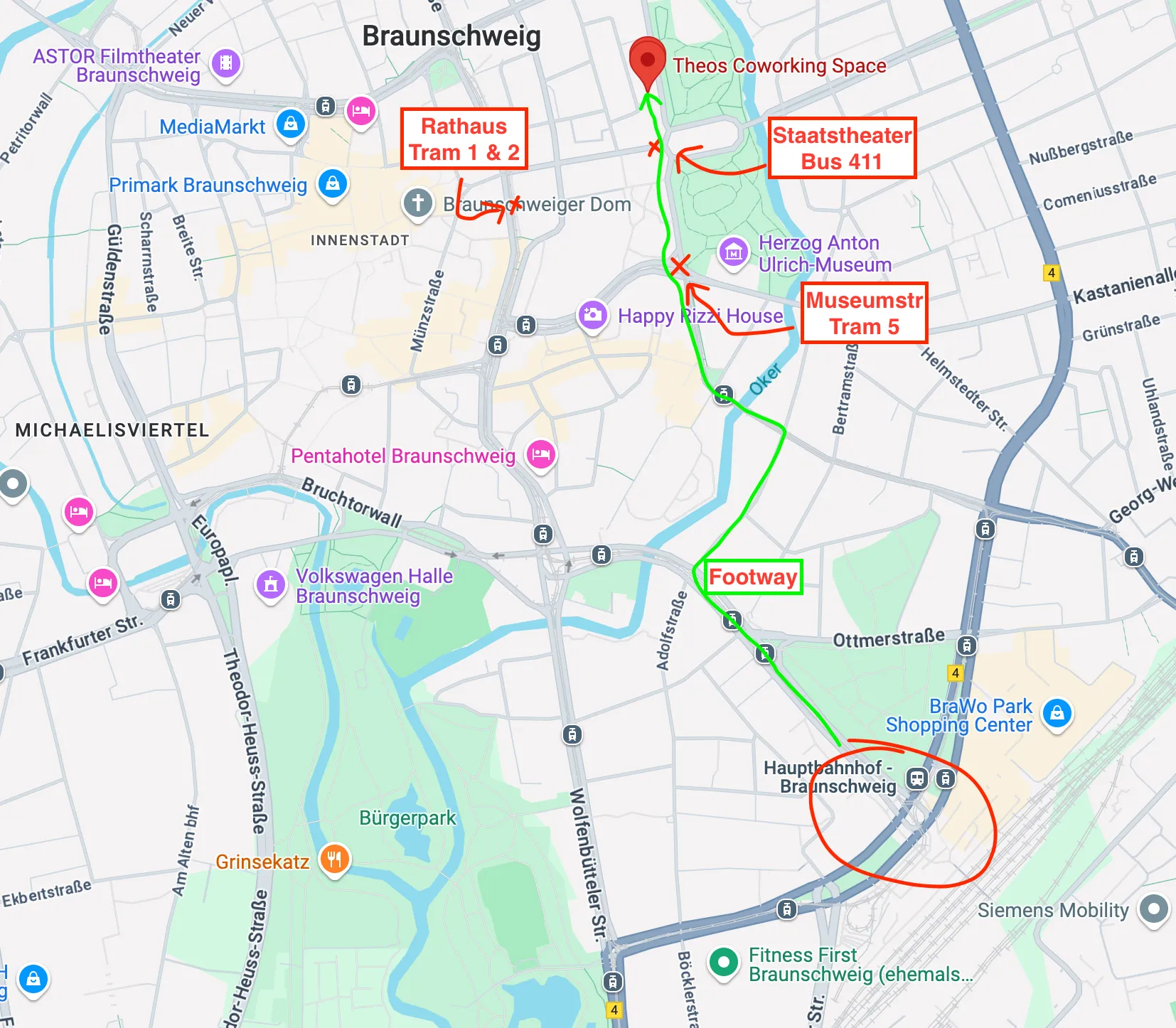 How to get to Theo's Coworking Space from Braunschweig Main Train Station
